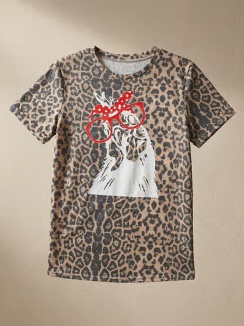 Leopard Print Short Sleeve Tee with Chicken Red Glasses Graphic